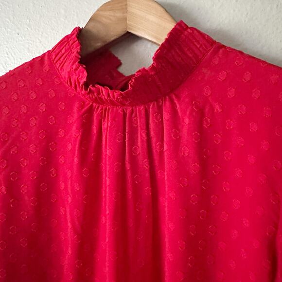 LOFT Red Mock Neck Tie Back‎ Long Sleeve Circle Jacquard Blouse women's size XL - Picture 4 of 10